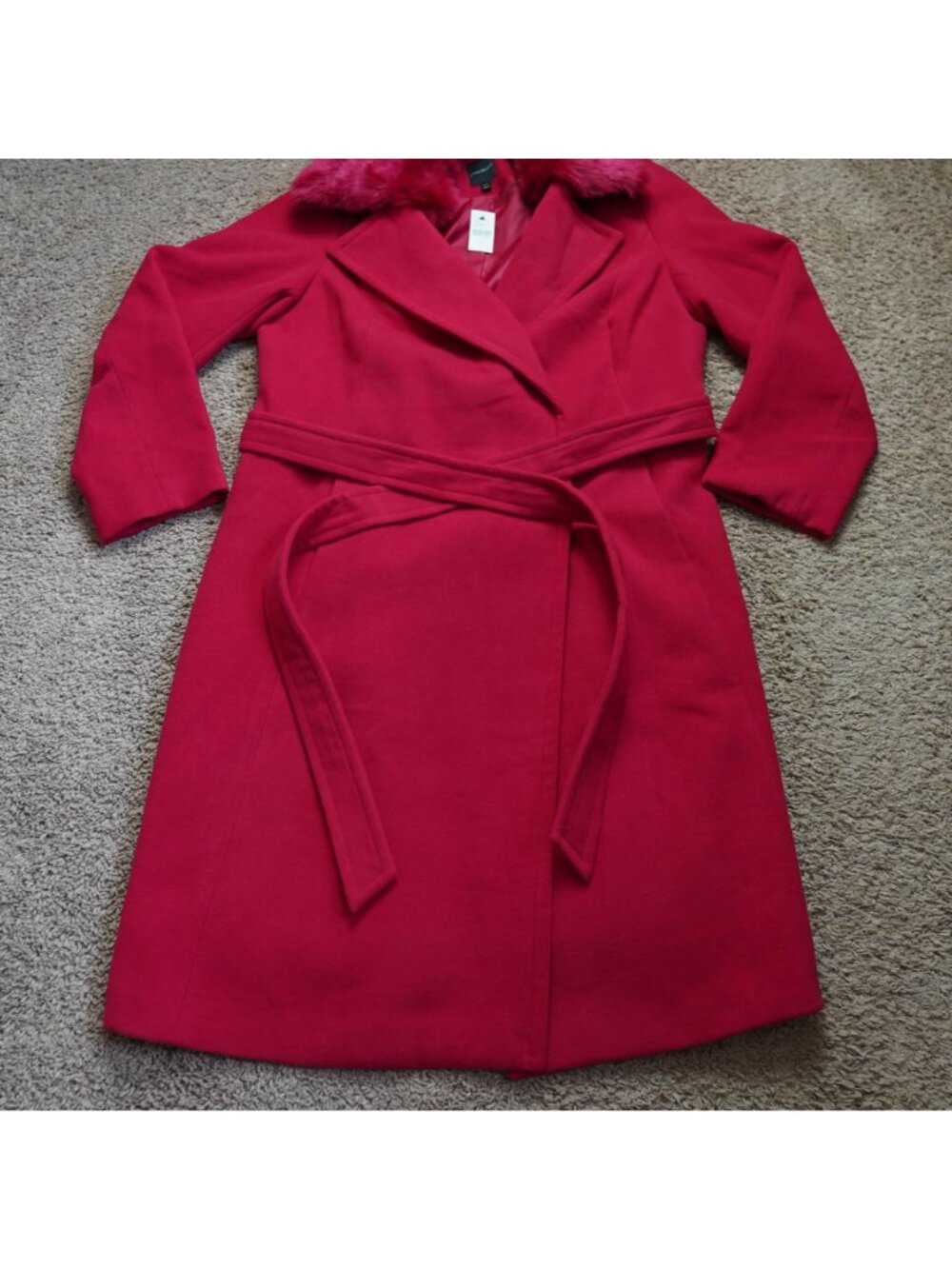 NWT Lane Bryant Trench Coat Womens 14/16 Red Removable Faux Fur Collar Belt - Picture 9 of 15